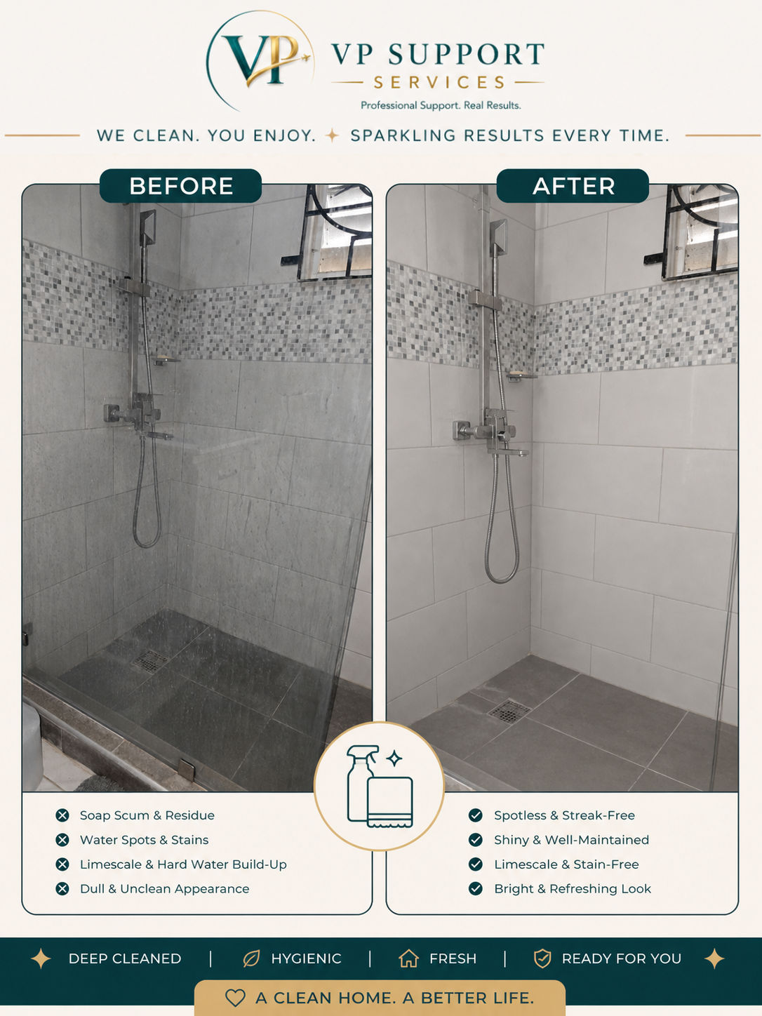 Shower, before and after