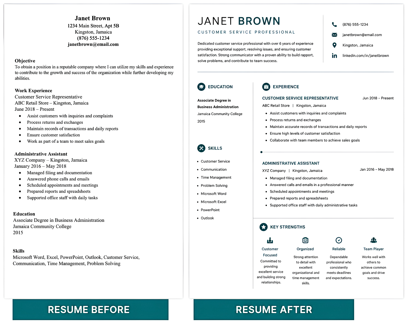 Janet Brown resume, before and after