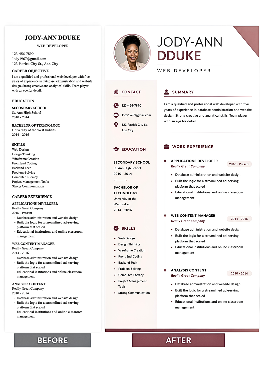 Jody-Ann Dduke resume, before and after