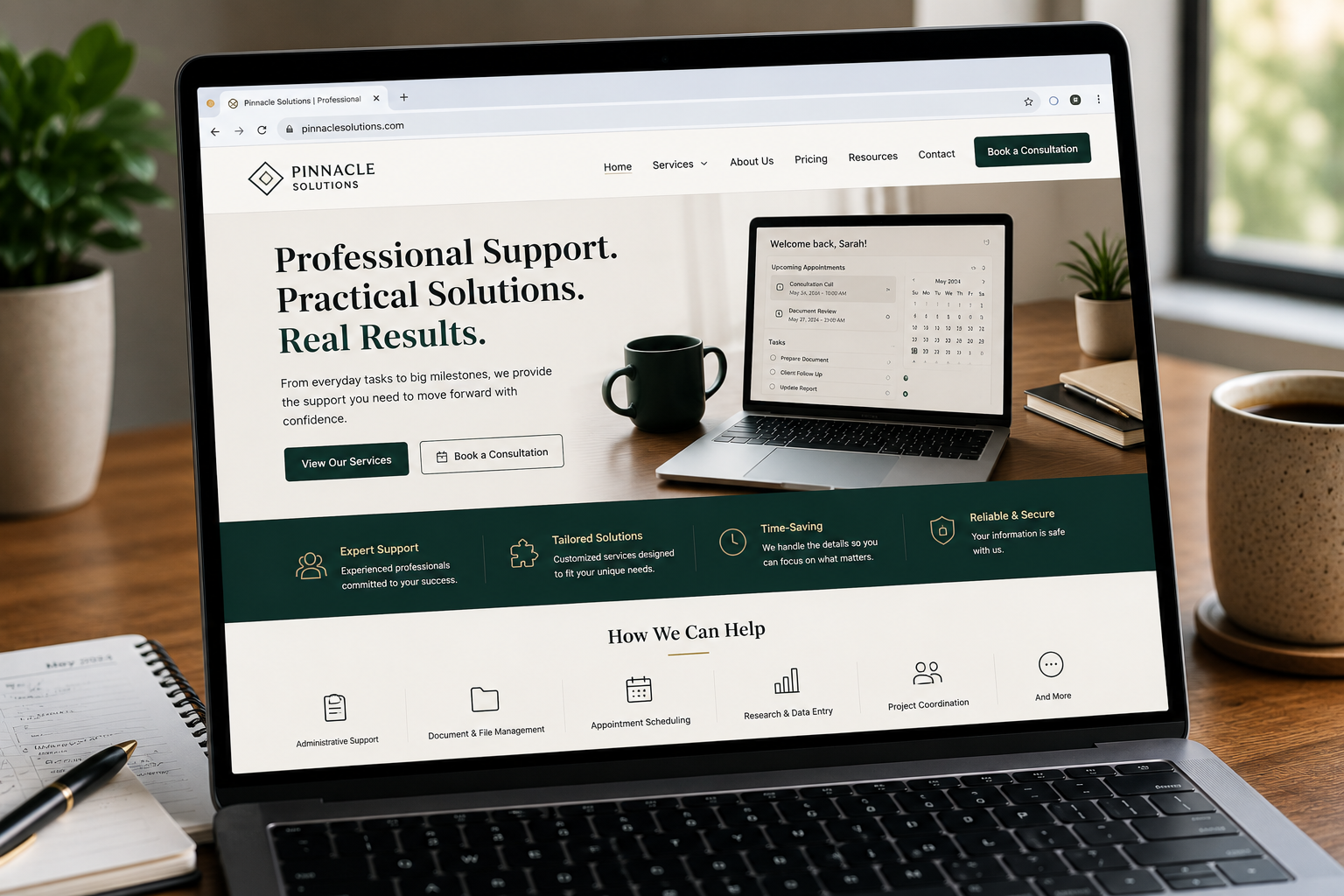 Pinnacle Solutions website, desktop